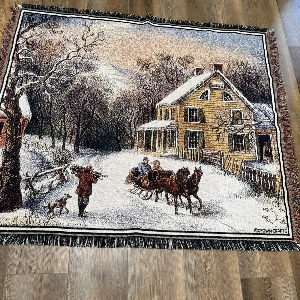 Crown Craft Tapestry Throw Blanket Farmhouse Sleigh Ride 50‎ X 60